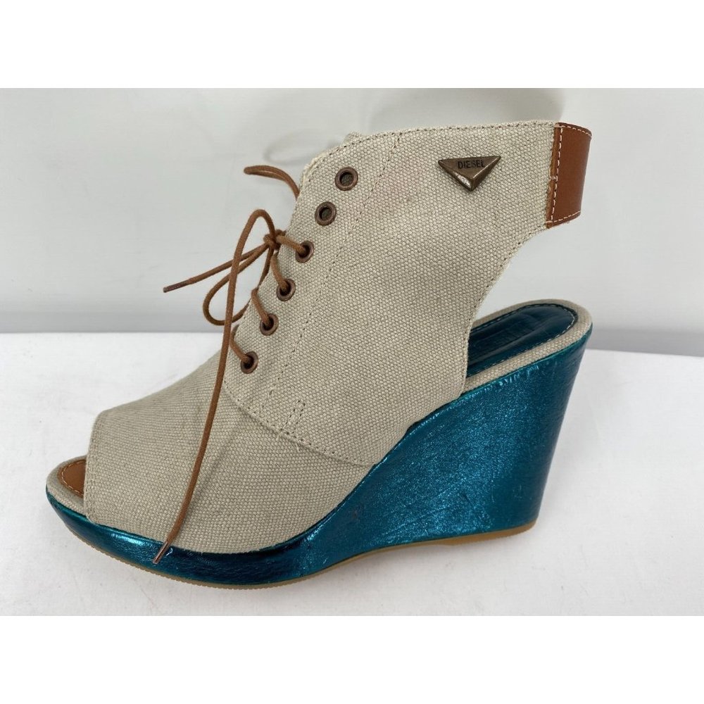 DIESEL Khaki Canvas  Peep Toe Blue Metallic Wedge Heel Shoes Women's Sz 40 (9)